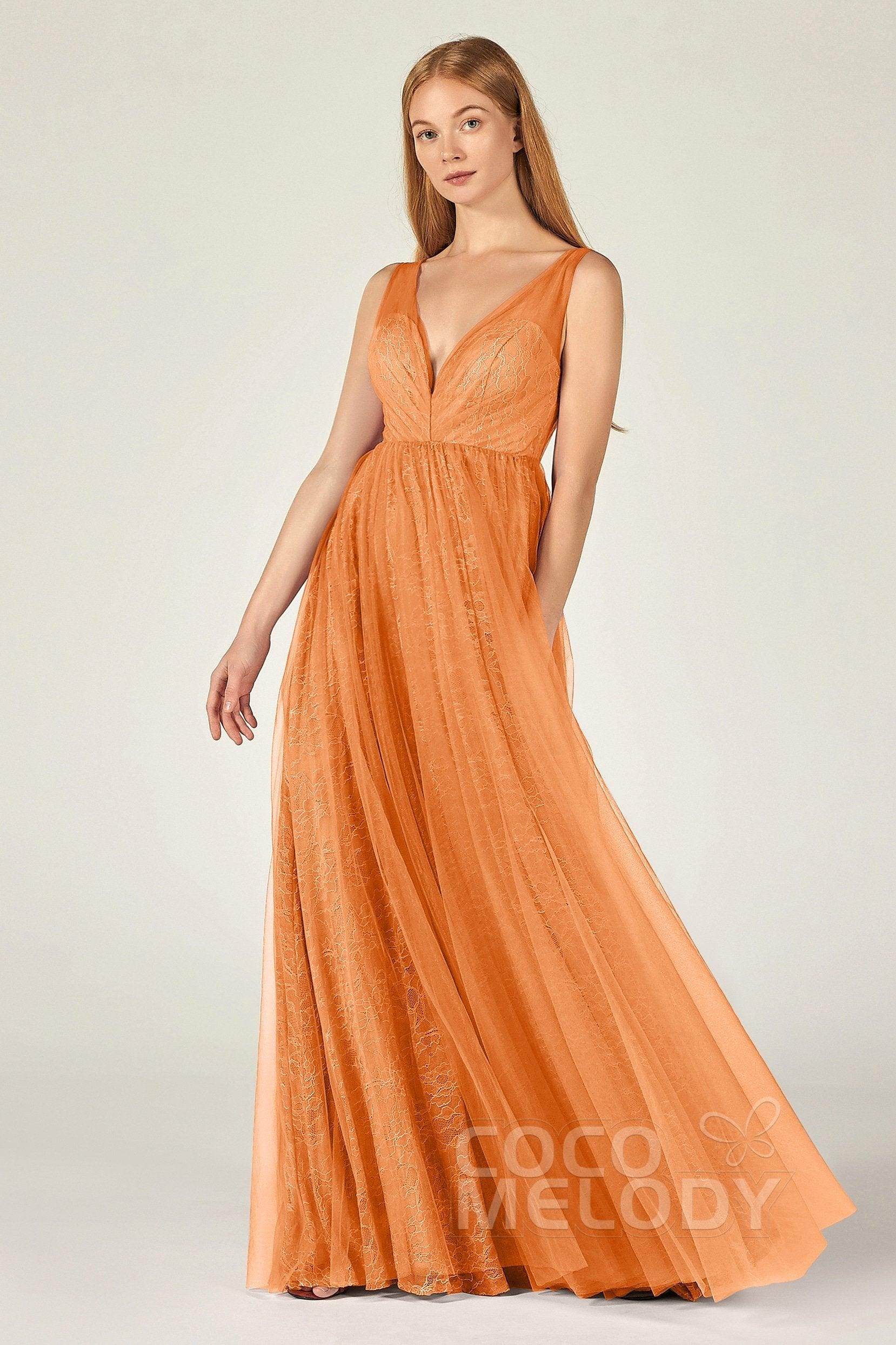 A-Line Floor Length Tulle Lace Bridesmaid Dress CB0375 - COCOMELODY